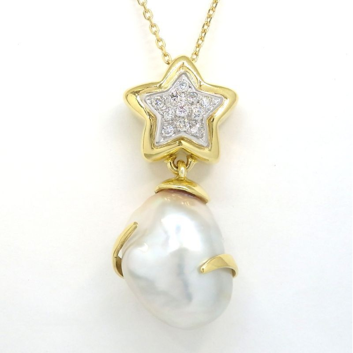 画像1: K18 ゴールド　ダイヤモンド 星型　バロックパール　ペンダント付ネックレス　中古　美品　レディース　ジュエリー　ダイヤ　真珠　パール　スター　質屋 6月誕生石