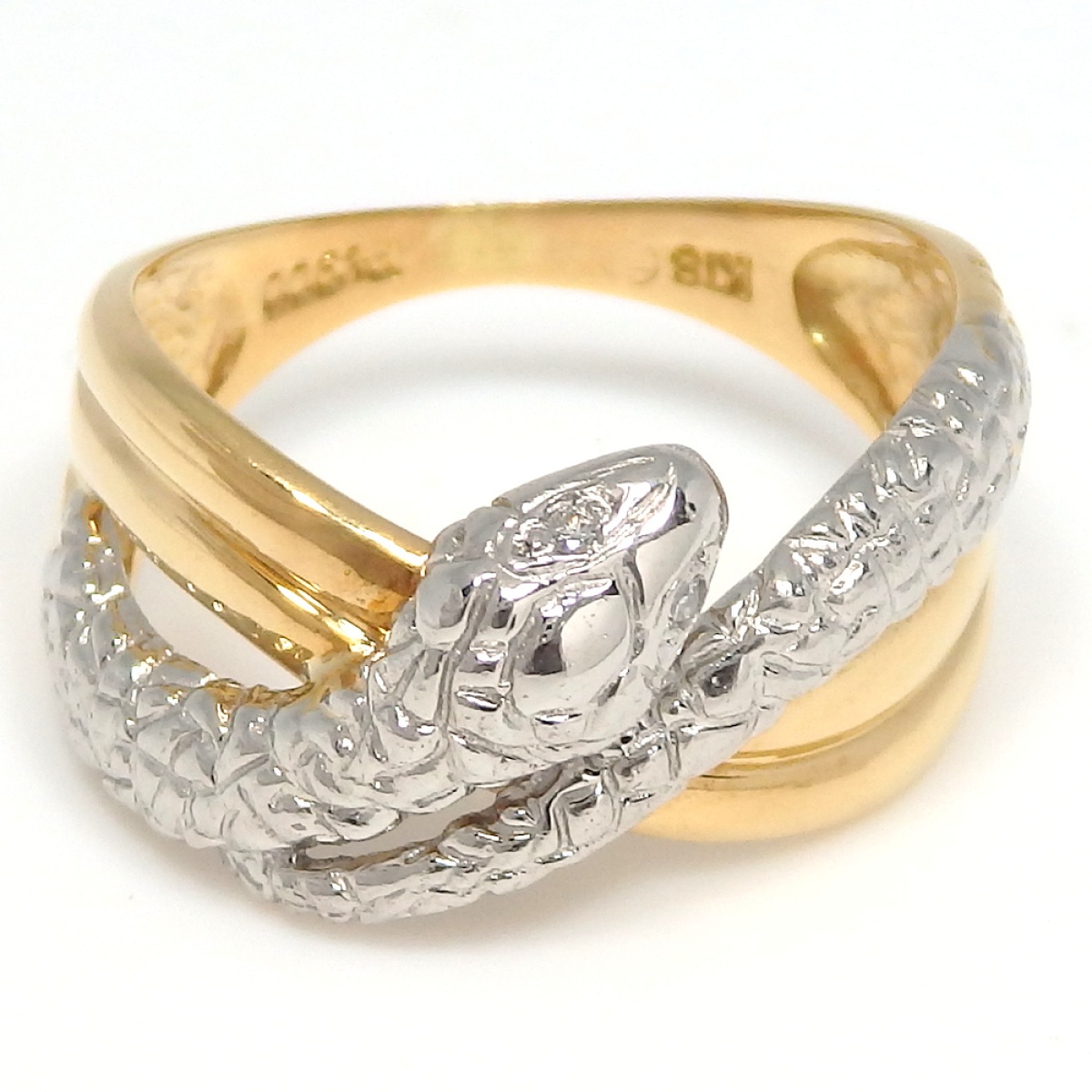 画像1: K18 ゴールド　Pt900 プラチナ　ダイヤモンド　ヘビ型　指輪　中古　美品　新品仕上済　リング　ダイヤ　質屋　 蛇　へび　4月誕生石