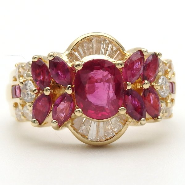 画像1: K18 ゴールド K18YG　イエローゴールド　ルビー 1.08ct　0.81ct ダイヤモンド 0.53ct　指輪　中古　美品　新品仕上済　リング　ダイヤ　レディース　ジュエリー　質屋　 7月誕生石