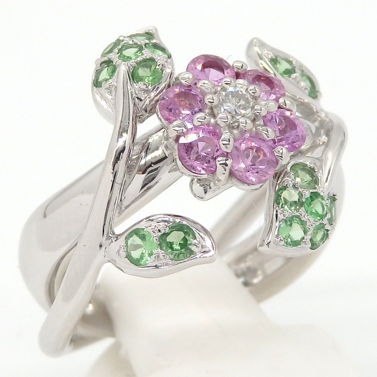 画像2: 750 K18WG ホワイトゴールド  ピンクサファイア 0.79ct  ダイヤ 0.08ct　トルマリン 0.45ct　指輪　中古　美品　ジュエリー　レディース　ダイヤ　リング　フラワー　花　ピンク　質屋