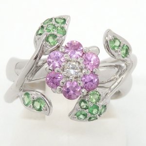 750 K18WG ホワイトゴールド  ピンクサファイア 0.79ct  ダイヤ 0.08ct　トルマリン 0.45ct　指輪　中古　美品　ジュエリー　レディース　ダイヤ　リング　フラワー　花　ピンク　質屋