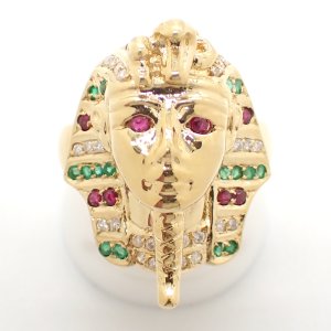 K18YG イエローゴールド  ダイヤモンド 0.14ct　ルビー 0.24ct　エメラルド 0.15ct　指輪 エジプト　王　ファラオ ツタンカーメン　中古　美品　質屋　ジュエリー　リング　レディース　ダイヤ 7月誕生石