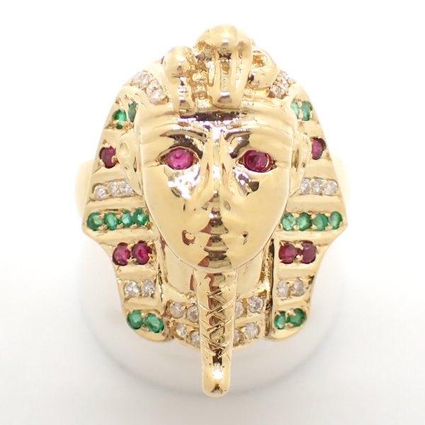 画像1: K18YG イエローゴールド  ダイヤモンド 0.14ct　ルビー 0.24ct　エメラルド 0.15ct　指輪 エジプト　王　ファラオ ツタンカーメン　中古　美品　質屋　ジュエリー　リング　レディース　ダイヤ 7月誕生石