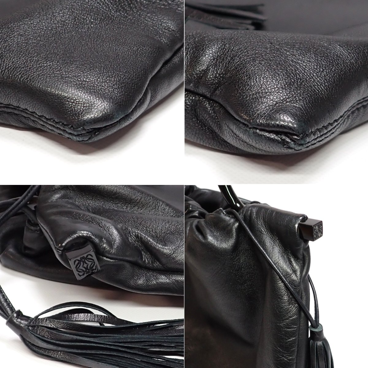 画像4: 【LOEWE】 ロエベ　ナッパレザー　アナグラム　バッグ　黒　レザー　フリンジ　巾着　中古　ブラック　レディース 　ハンドバッグ　柔らかい　レザー　ワンハンドル　ブラック　美品　質屋