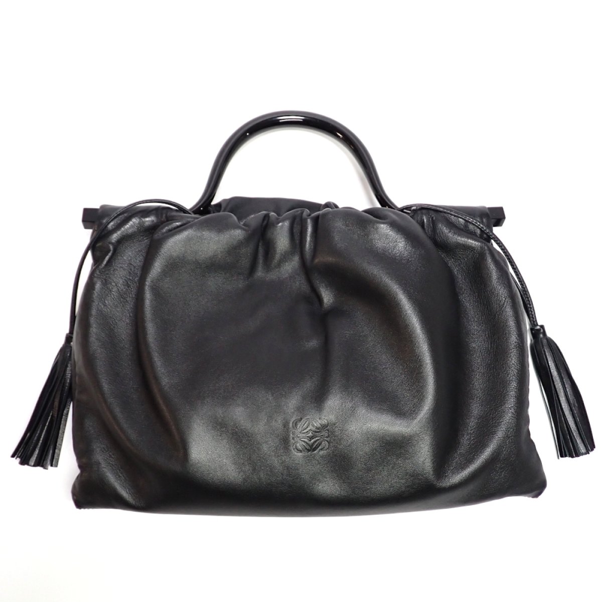 画像1: 【LOEWE】 ロエベ　ナッパレザー　アナグラム　バッグ　黒　レザー　フリンジ　巾着　中古　ブラック　レディース 　ハンドバッグ　柔らかい　レザー　ワンハンドル　ブラック　美品　質屋