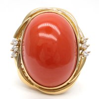 K18　ゴールド　イエローゴールド　YG 珊瑚　ダイヤモンド 0.12ct 指輪　鑑別書付　新品仕上げ済　中古　美品　レディース　サンゴ　ダイヤ　リング　天然さんご　珊瑚　高品質　高級　ジュエリー質屋　3月誕生石