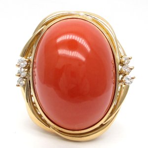 K18　ゴールド　イエローゴールド　YG 珊瑚　ダイヤモンド 0.12ct 指輪　鑑別書付　新品仕上げ済　中古　美品　レディース　サンゴ　ダイヤ　リング　天然さんご　珊瑚　高品質　高級　ジュエリー質屋　3月誕生石