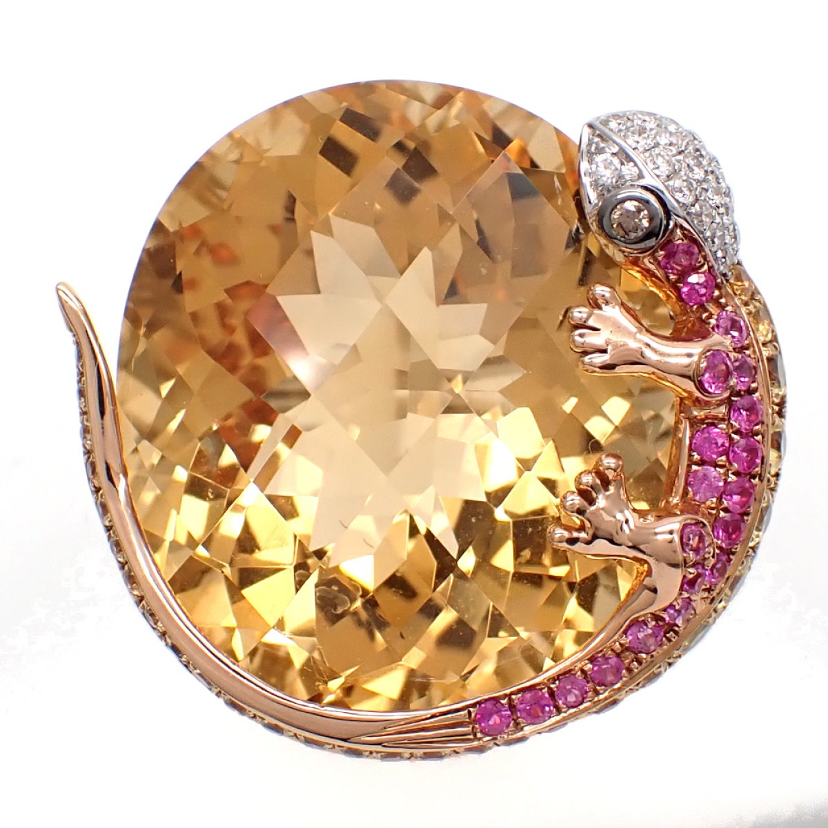 画像1: 750　K18WG　ホワイトゴールド　イエローゴールド　シトリン　色石 1.52ct　ダイヤモンド 0.21ct 　指輪　中古　美品　鑑別書付　ヤモリ　リング　11月誕生石　シトリン　天然クオーツ　ダイヤ　やもり　ジュエリー レディース　質屋