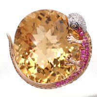 750　K18WG　ホワイトゴールド　イエローゴールド　シトリン　色石 1.52ct　ダイヤモンド 0.21ct 　指輪　中古　美品　鑑別書付　ヤモリ　リング　11月誕生石　シトリン　天然クオーツ　ダイヤ　やもり　ジュエリー レディース　質屋