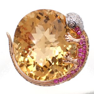 750　K18WG　ホワイトゴールド　イエローゴールド　シトリン　色石 1.52ct　ダイヤモンド 0.21ct 　指輪　中古　美品　鑑別書付　ヤモリ　リング　11月誕生石　シトリン　天然クオーツ　ダイヤ　やもり　ジュエリー レディース　質屋