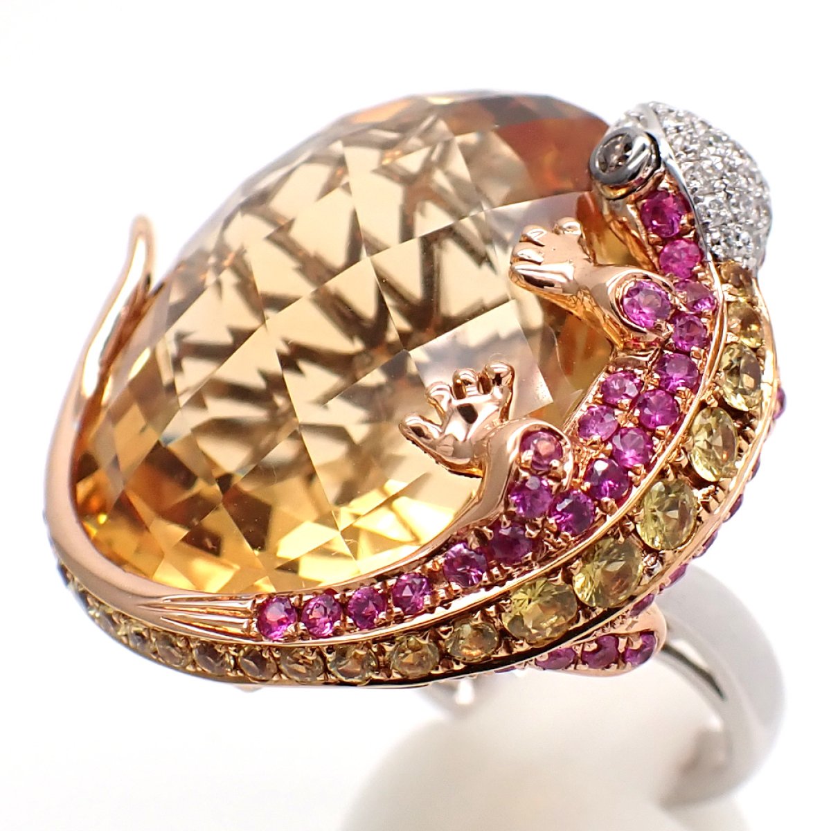 画像2: 750　K18WG　ホワイトゴールド　イエローゴールド　シトリン　色石 1.52ct　ダイヤモンド 0.21ct 　指輪　中古　美品　鑑別書付　ヤモリ　リング　11月誕生石　シトリン　天然クオーツ　ダイヤ　やもり　ジュエリー レディース　質屋