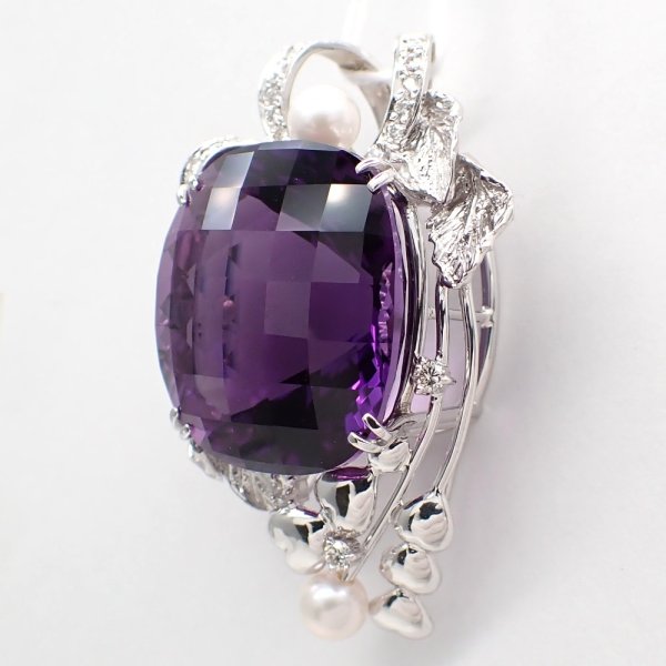 画像2: K18WG　ホワイトゴールド　大粒 アメジスト 38.19ct　ダイヤモンド 0.39ct　パール　ペンダントトップ 　ダイヤ　中古　美品　トップのみ　2月誕生石　ペンダント　ジュエリー　レディース　アクセサリー　質屋