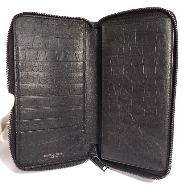 画像2: 【SAINT LAURENT PARIS】サンローラン　パリ　YSL　クロコ型押し　529899　C9H0U　ラウンドファスナー　ブラック　レザー　長財布　ウォレット　メンズ　中古　質屋　黒　カーフレザー イタリー　 財布