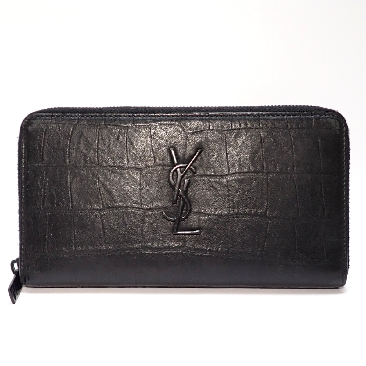 画像1: 【SAINT LAURENT PARIS】サンローラン　パリ　YSL　クロコ型押し　529899　C9H0U　ラウンドファスナー　ブラック　レザー　長財布　ウォレット　メンズ　中古　質屋　黒　カーフレザー イタリー　 財布