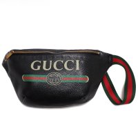 【GUCCI】 グッチ　ウエストバッグ　ウエストポーチ　レザー　ブラック　ロゴプリント　中古　493869　ボディバッグ　バッグ　メンズ　黒　革　トラベル　ITALY　イタリー　レディース　カジュアル　質屋