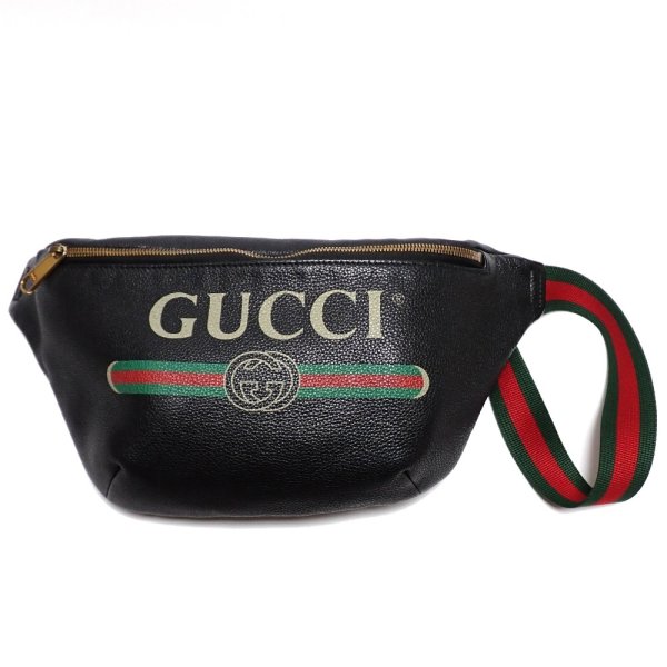画像1: 【GUCCI】 グッチ　ウエストバッグ　ウエストポーチ　レザー　ブラック　ロゴプリント　中古　493869　ボディバッグ　バッグ　メンズ　黒　革　トラベル　ITALY　イタリー　レディース　カジュアル　質屋
