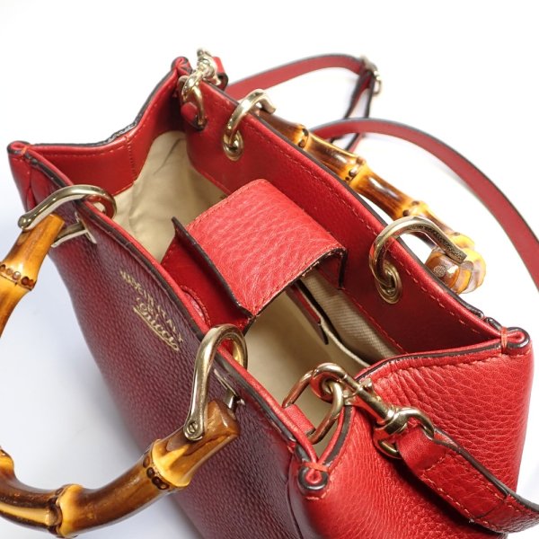 画像3: 【GUCCI】 グッチ 　バンブー　ミニショルダー　レッド　赤　レザー　ゴールド金具　ハンドバッグ　中古　368823　2WAY　イタリー　ITALY　レディース　ゴールドカラー金具　バッグ　斜め掛け　ポシェット　質屋